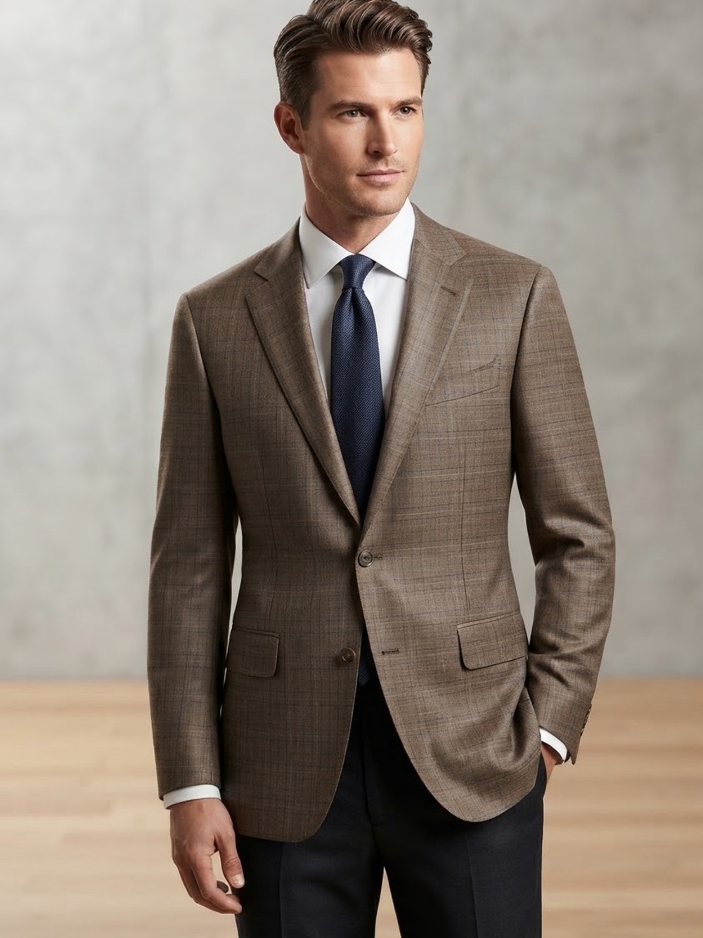 Hart Schaffner Marx Brown Windowpane Worsted Wool & Silk Sport Coat